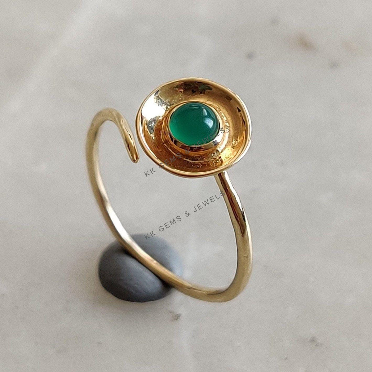 14K Solid Gold Natural Green Onyx Ring, May Birthstone Jewelry