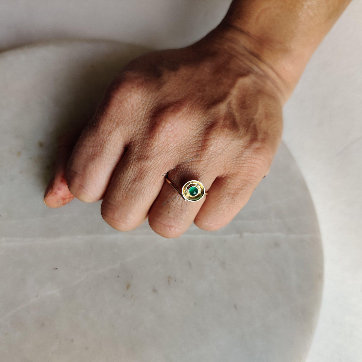 14K Solid Gold Natural Green Onyx Ring, May Birthstone Jewelry