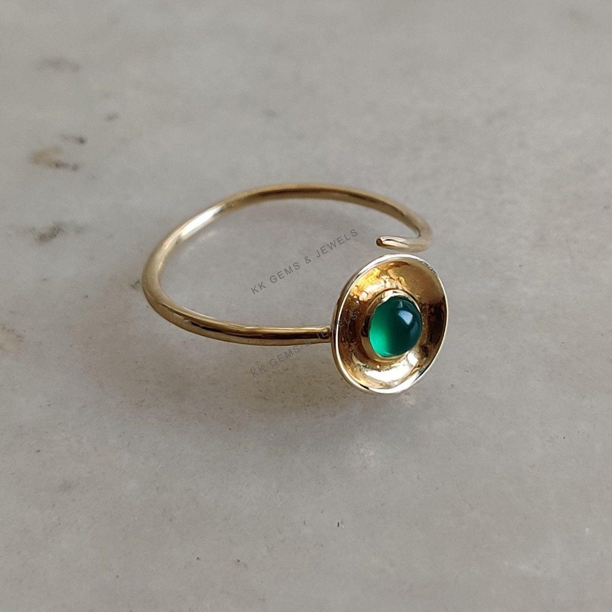 14K Solid Gold Natural Green Onyx Ring, May Birthstone Jewelry
