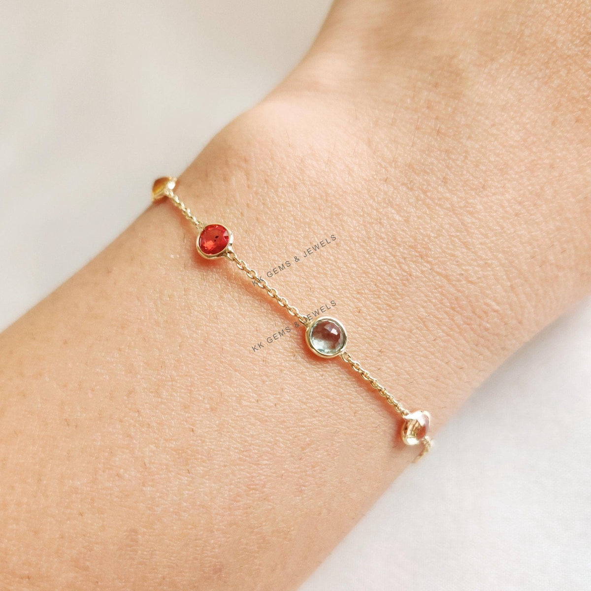 14K Solid Gold Natural Multi Sapphire Bezel Bracelet, September Birthstone