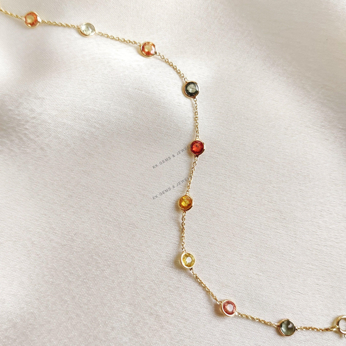14K Solid Gold Natural Multi Sapphire Bezel Bracelet, September Birthstone