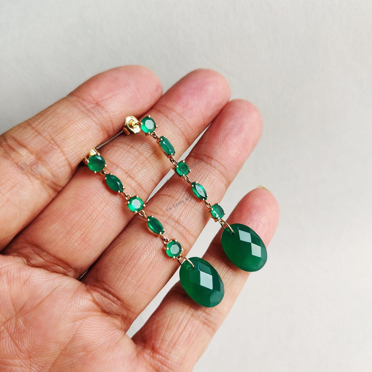 14K Solid Yellow Gold Natural Green Onyx Danglers, May Birthstone Earring