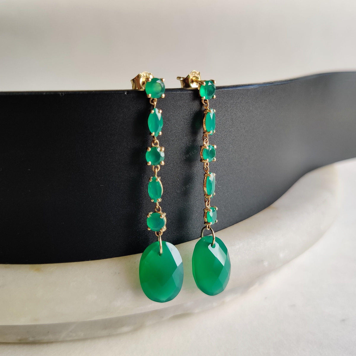 14K Solid Yellow Gold Natural Green Onyx Danglers, May Birthstone Earring