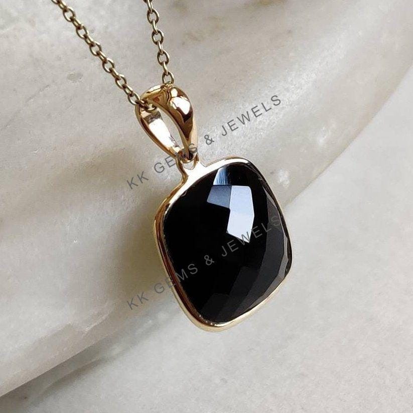 14K Solid Yellow Gold Natural Black Onyx Square Pendant, December Birthstone