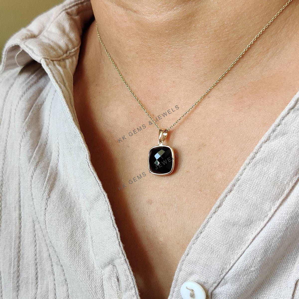 14K Solid Yellow Gold Natural Black Onyx Square Pendant, December Birthstone