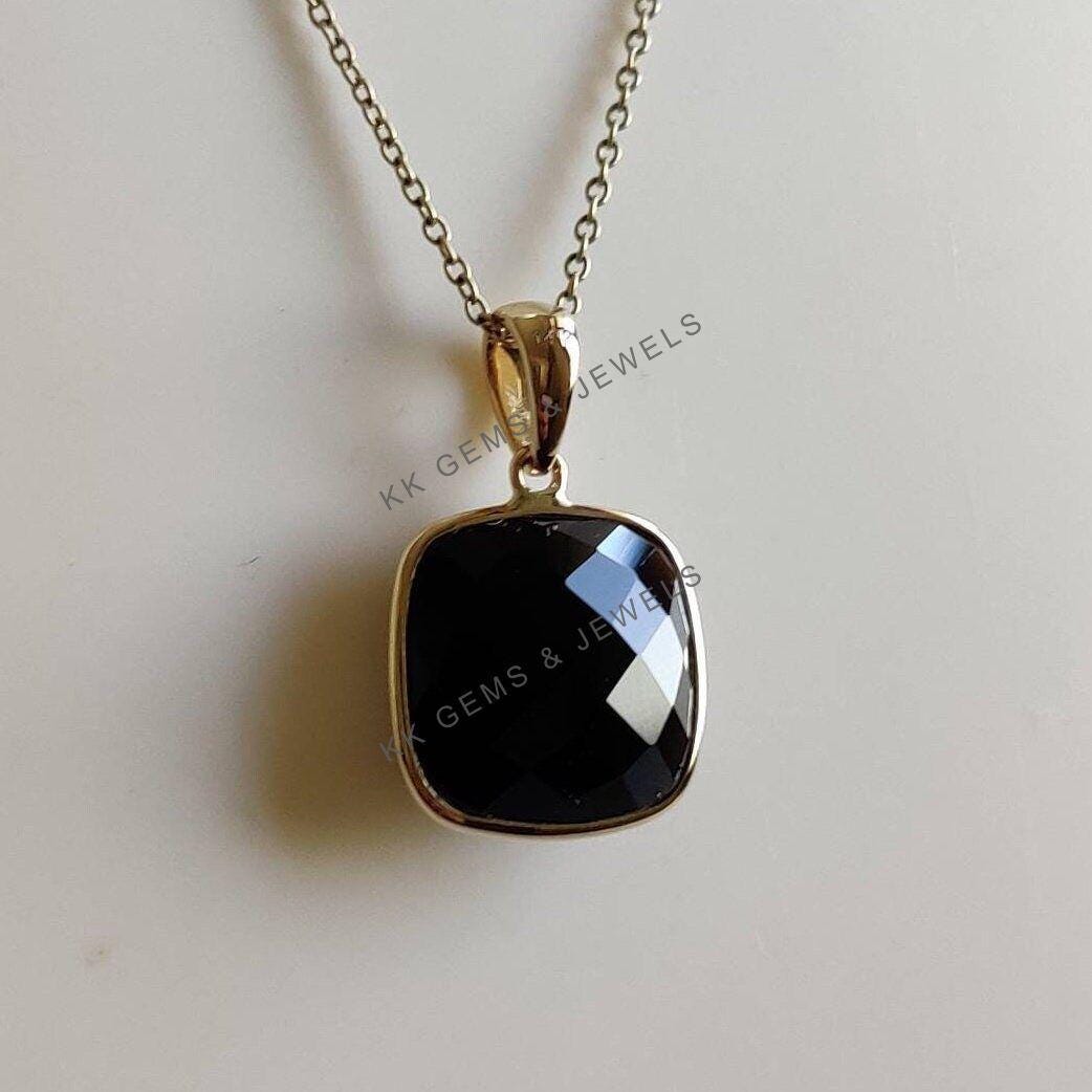 14K Solid Yellow Gold Natural Black Onyx Square Pendant, December Birthstone