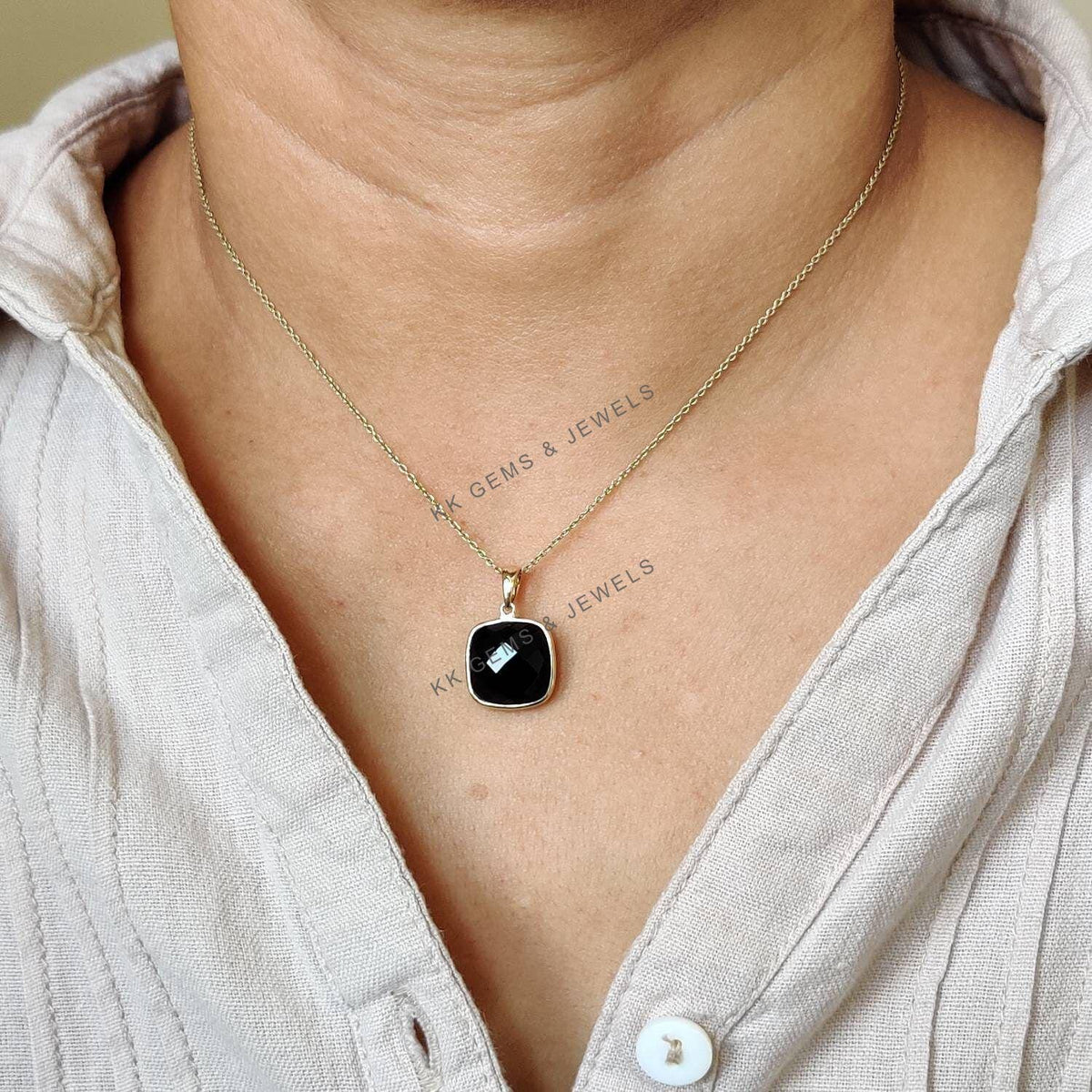14K Solid Yellow Gold Natural Black Onyx Square Pendant, December Birthstone