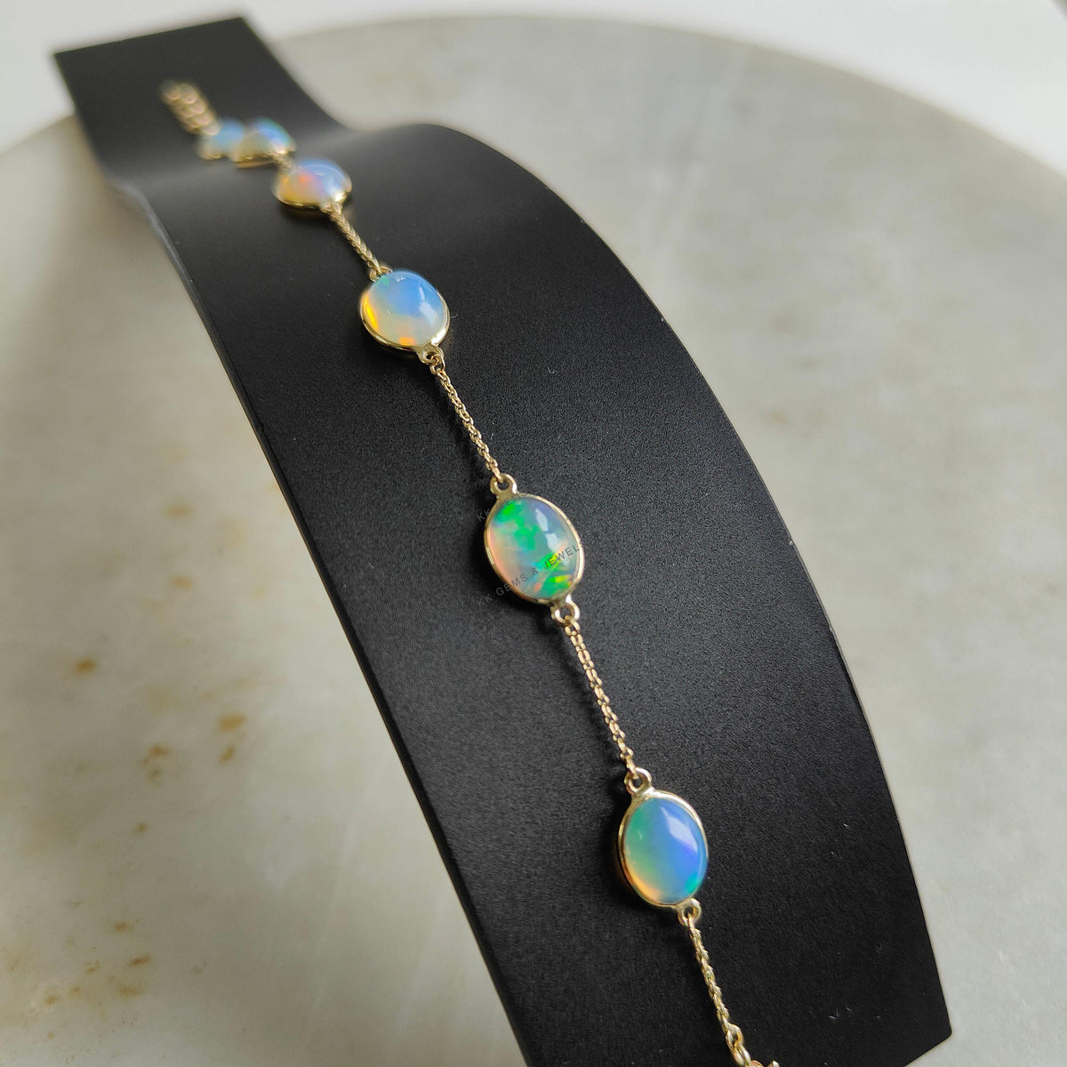 14K Solid Gold Natural Ethiopian Opal Bracelet, Dainty Chain Bracelet