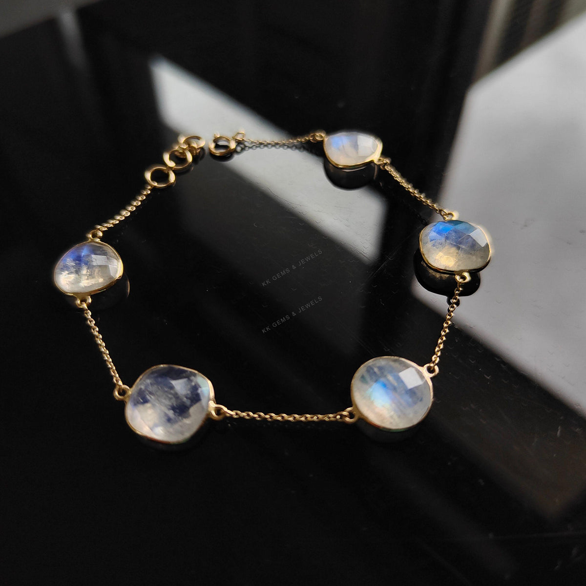 14K Solid Gold Natural Rainbow Moonstone Bracelet, June Birthstone Chain Bracelet