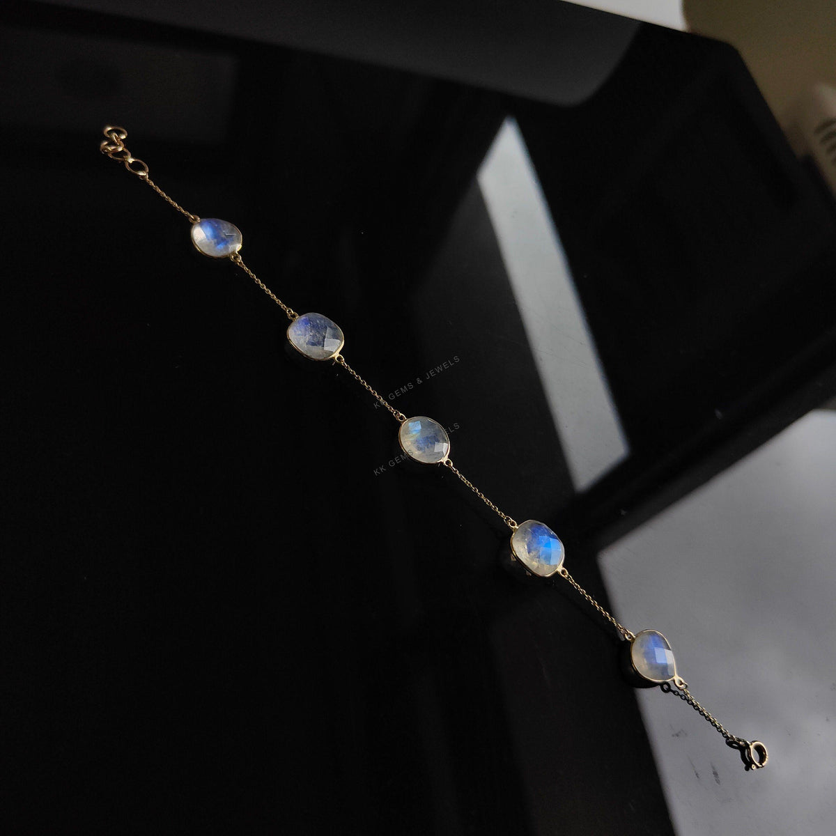 14K Solid Gold Natural Rainbow Moonstone Bracelet, June Birthstone Chain Bracelet