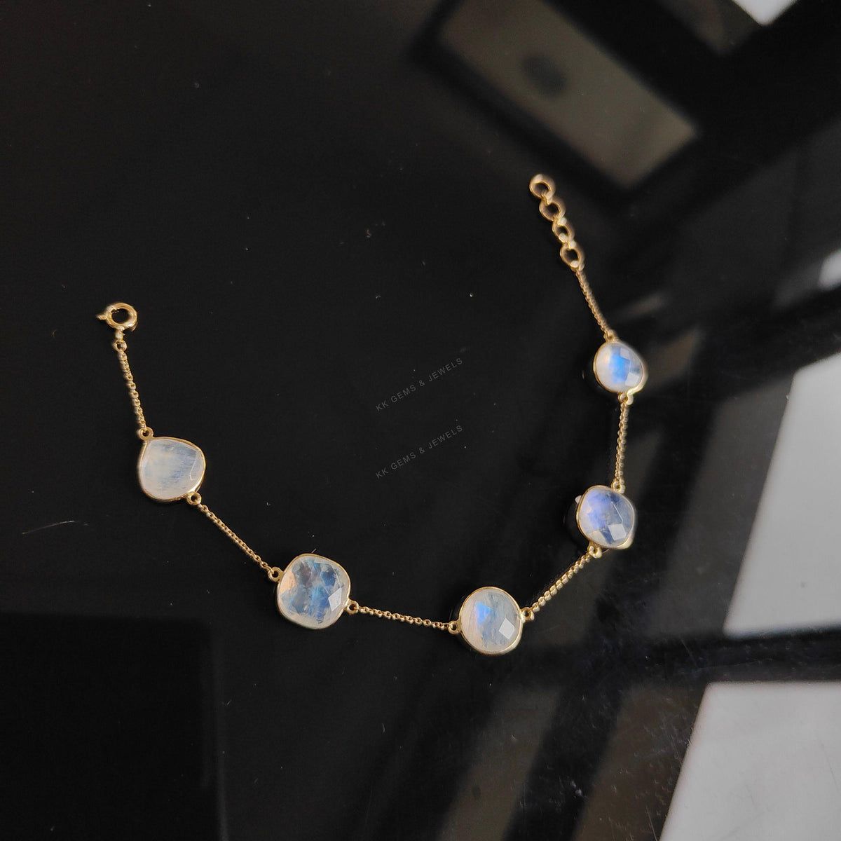 14K Solid Gold Natural Rainbow Moonstone Bracelet, June Birthstone Chain Bracelet
