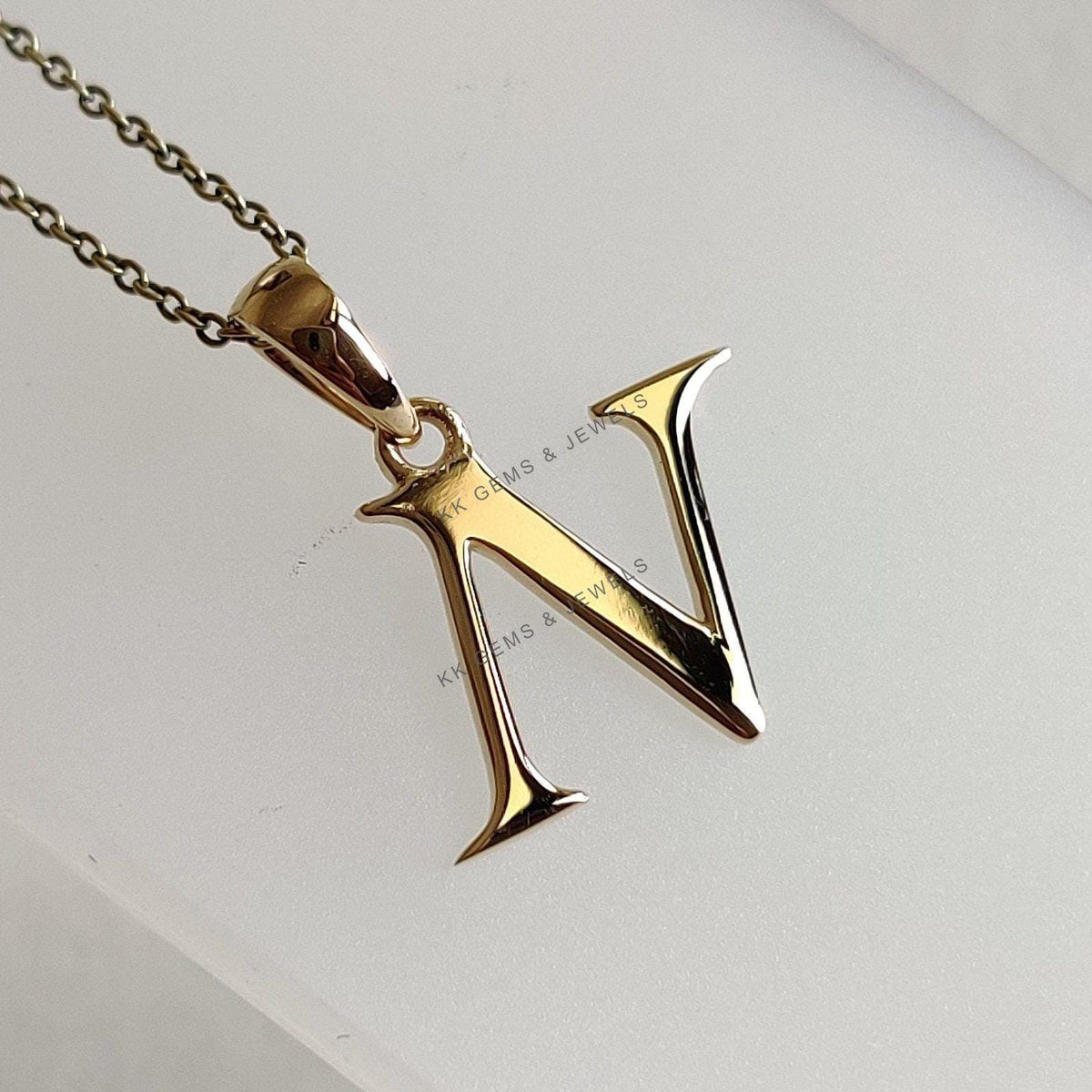 14K Solid Yellow Gold Initial N Pendant, Letter Charm Pendant
