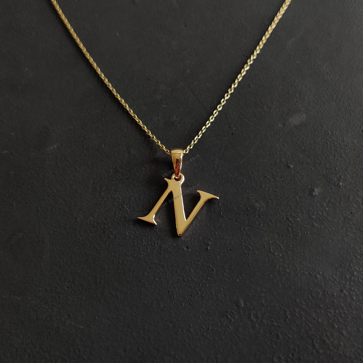 14K Solid Yellow Gold Initial N Pendant, Letter Charm Pendant
