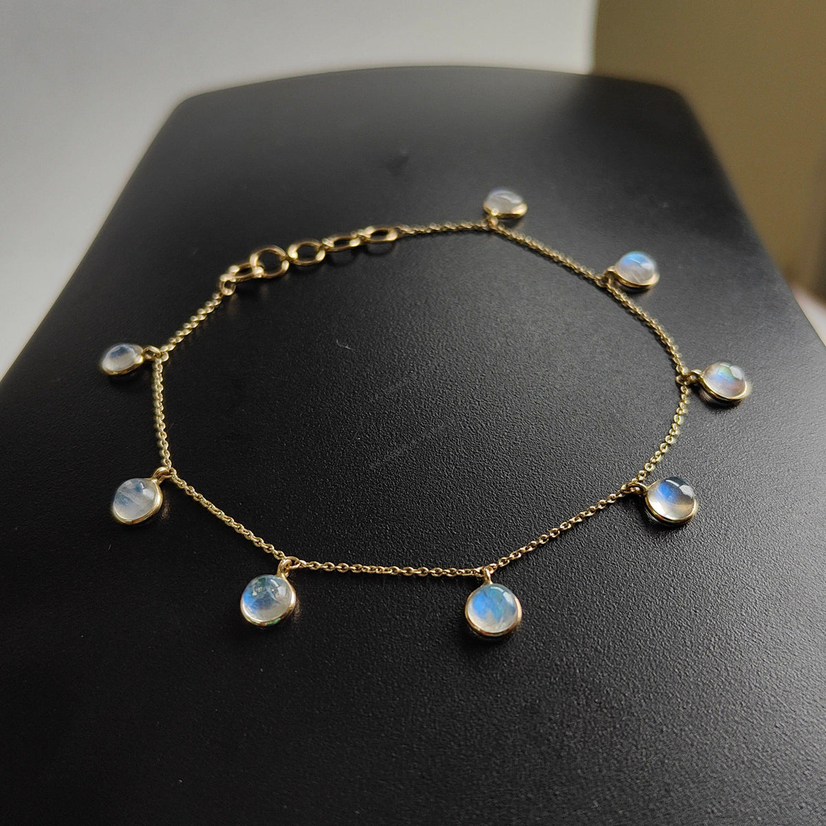 14K Solid Yellow Gold Natural Rainbow Moonstone Bracelet, Gemstone Chain Bracelet