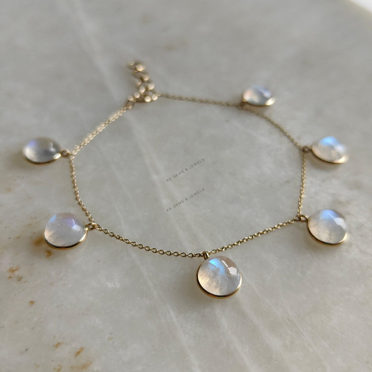 14K Solid Gold Natural Rainbow Moonstone Bracelet, Dainty Gemstone Bezel Bracelet