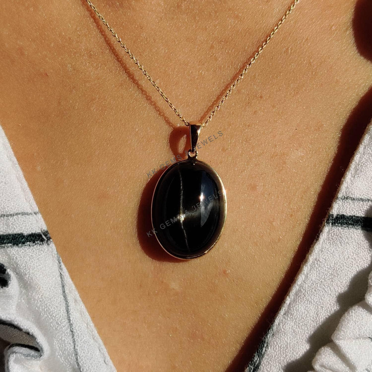 14K Solid Gold Natural Black Star Diopside Pendant, Handmade Oval Cabochon