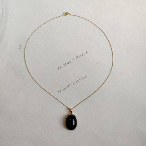 14K Solid Gold Natural Black Star Diopside Pendant, Handmade Oval Cabochon