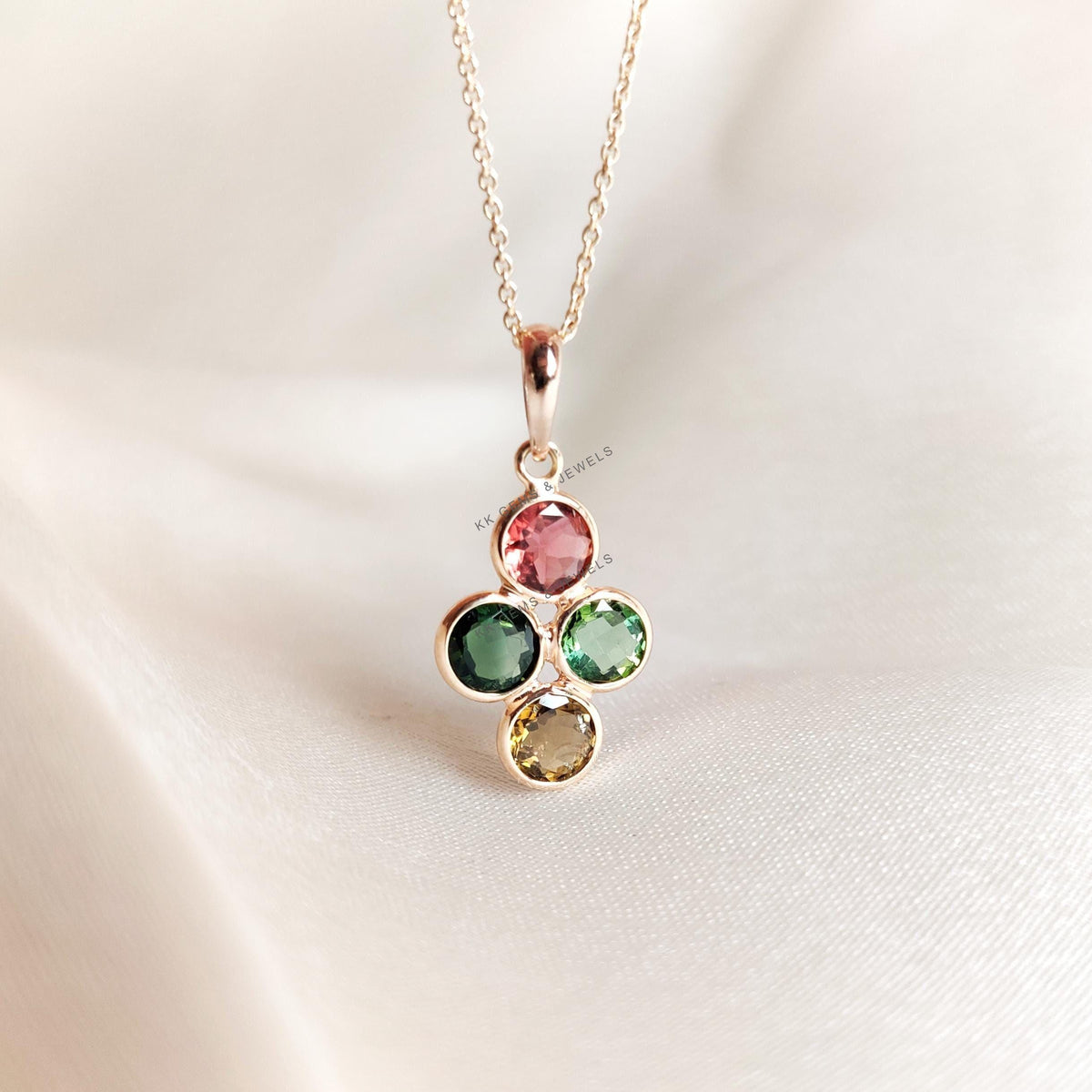 Natural Multi Tourmaline Pendant, 14K Solid Yellow Gold Pendant: October Birthstone Jewelry