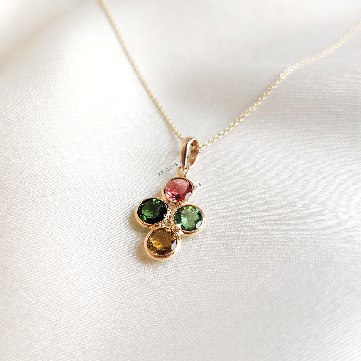 Natural Multi Tourmaline Pendant, 14K Solid Yellow Gold Pendant: October Birthstone Jewelry