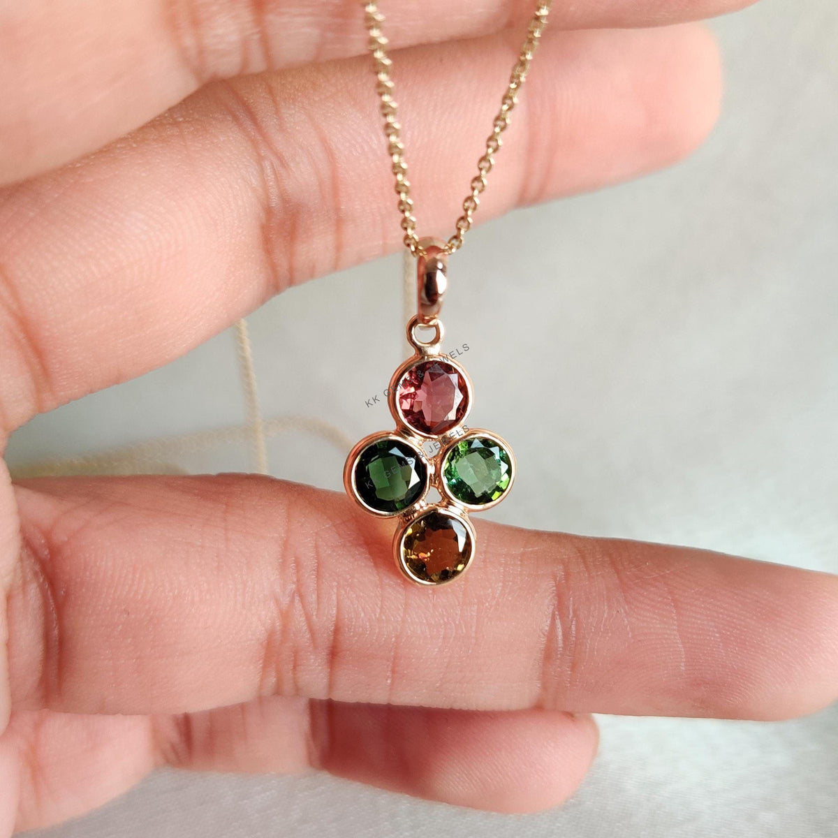 Natural Multi Tourmaline Pendant, 14K Solid Yellow Gold Pendant: October Birthstone Jewelry