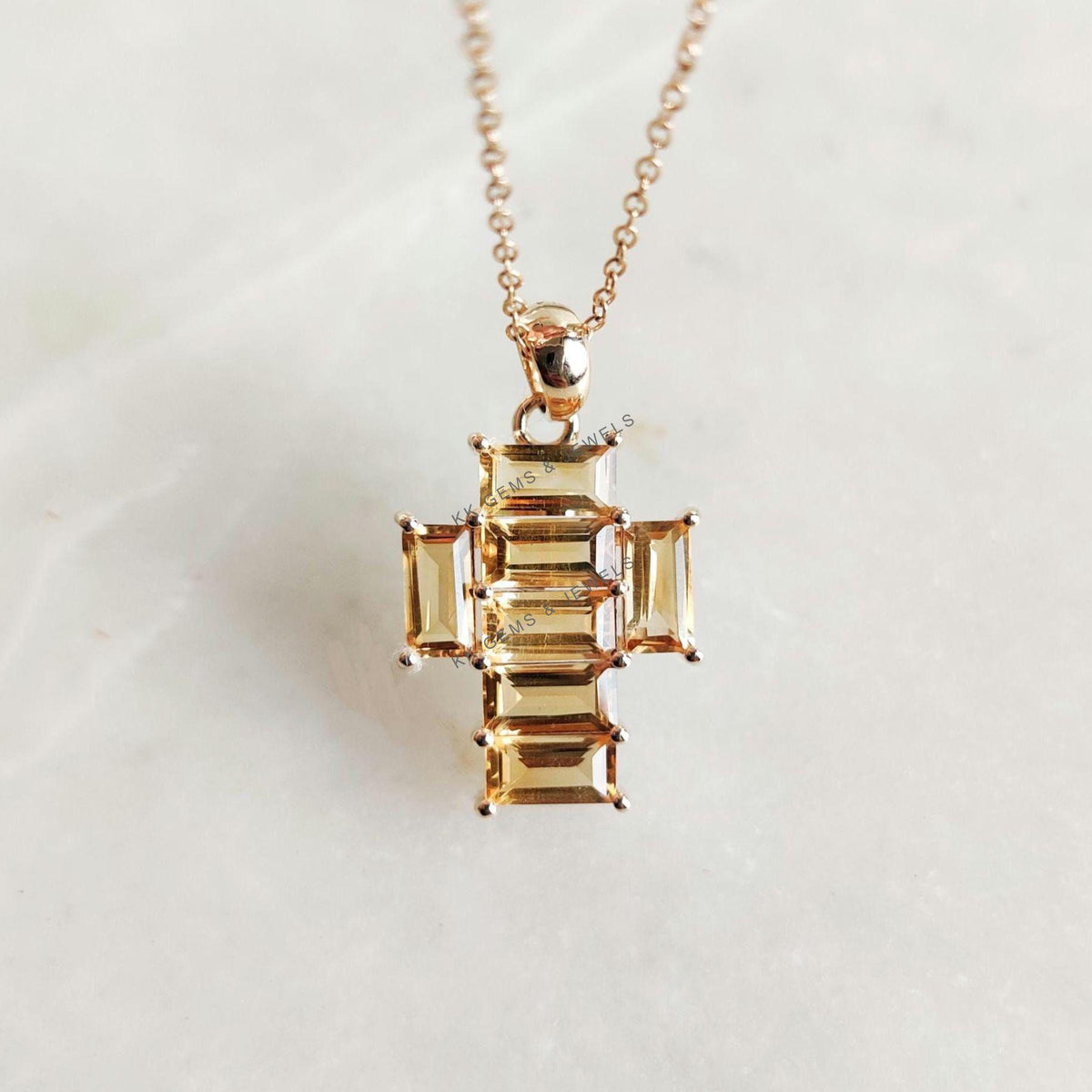14K Solid Gold Natural Citrine Cross Pendant, November Birthstone,, Christmas Gift