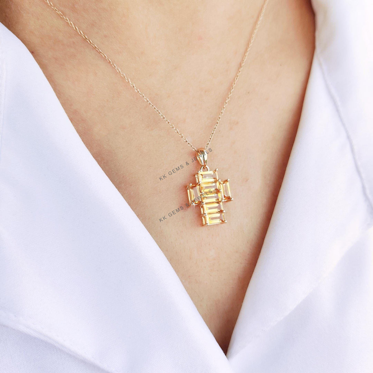 14K Solid Gold Natural Citrine Cross Pendant, November Birthstone,, Christmas Gift