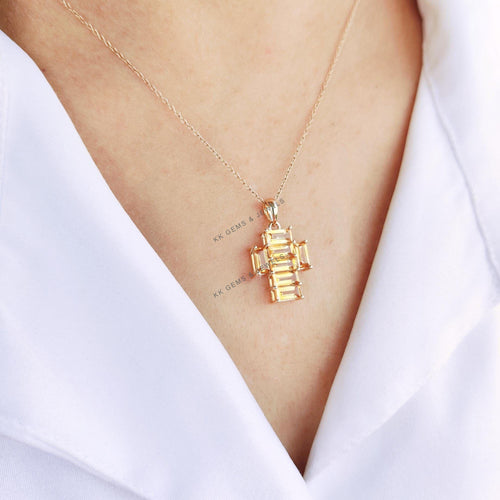 14K Solid Gold Natural Citrine Cross Pendant, November Birthstone,, Christmas Gift