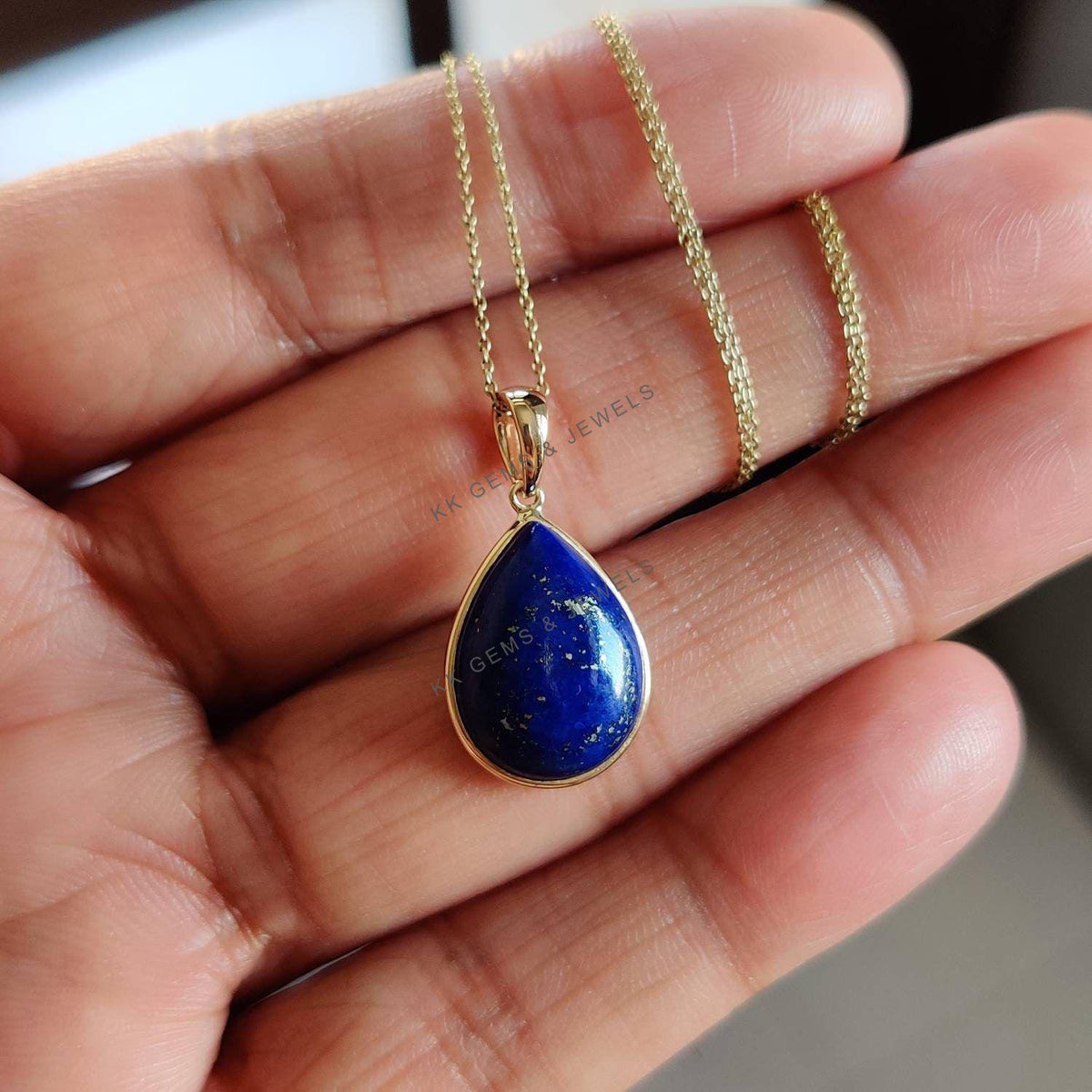 14K Solid Yellow Gold Natural Lapis Lazuli Pear Bezel Pendant, September Birthstone