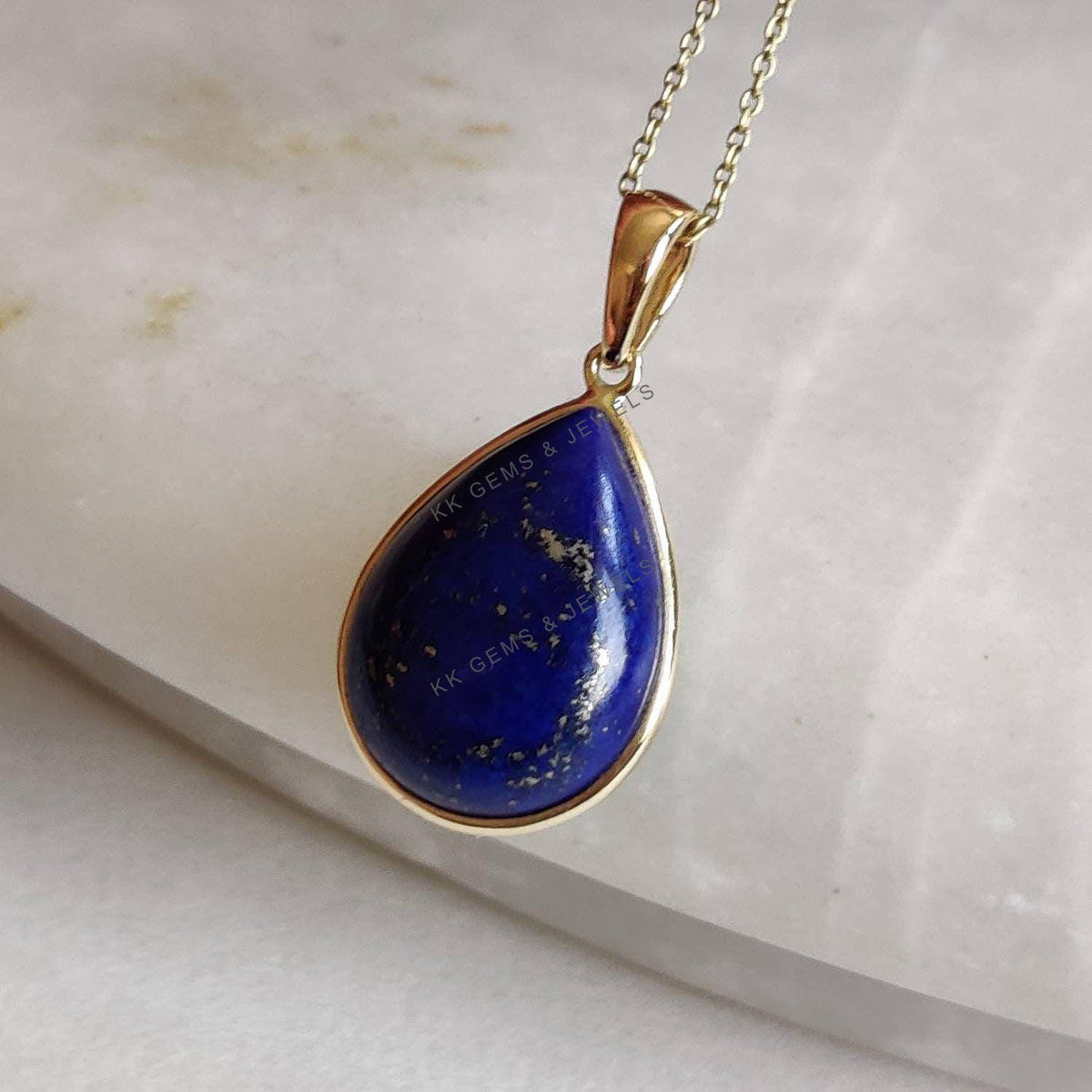 14K Solid Yellow Gold Natural Lapis Lazuli Pear Bezel Pendant, September Birthstone