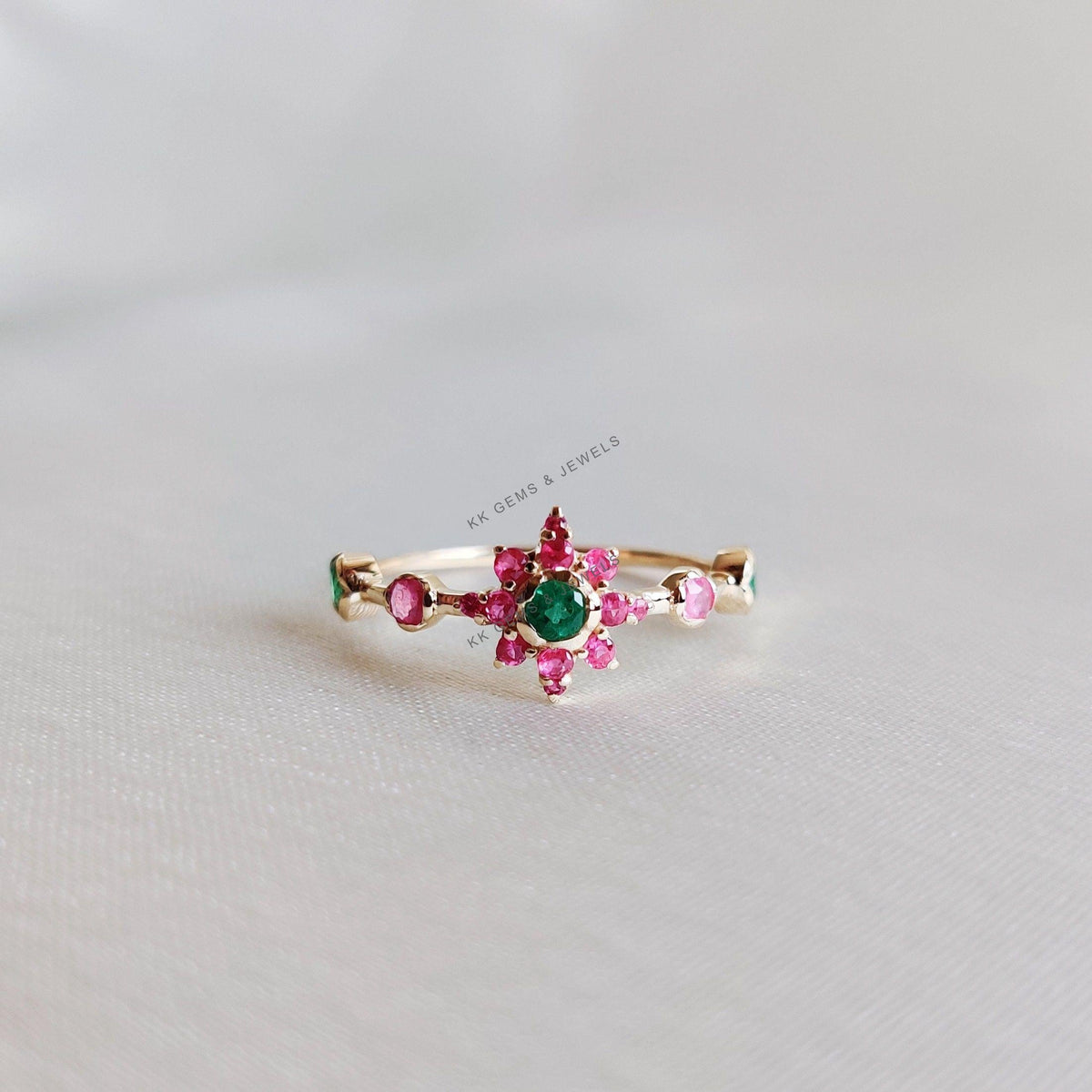 14K Solid Gold Natural Ruby & Emerald Ring, Dainty Birthstone Ring, Christmas Gift