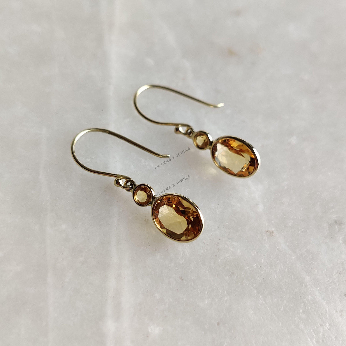 14K Solid Yellow Gold Natural Citrine Drop Earrings, November Birthstone Jewelry