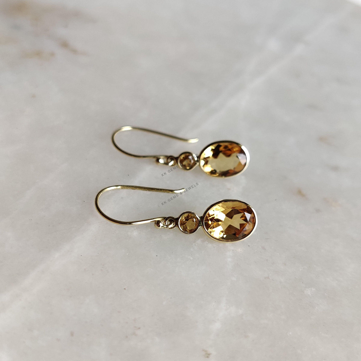 14K Solid Yellow Gold Natural Citrine Drop Earrings, November Birthstone Jewelry