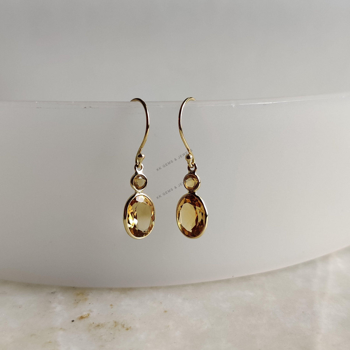 14K Solid Yellow Gold Natural Citrine Drop Earrings, November Birthstone Jewelry
