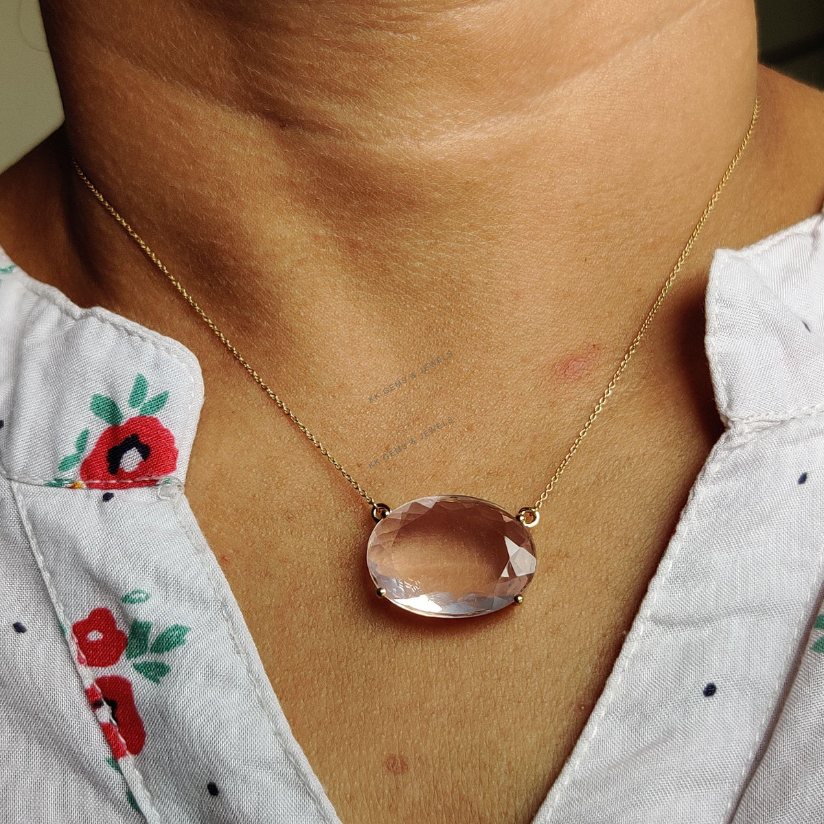 Natural Rose Quartz Necklace, 14K Solid Yellow Gold, January Birthstone