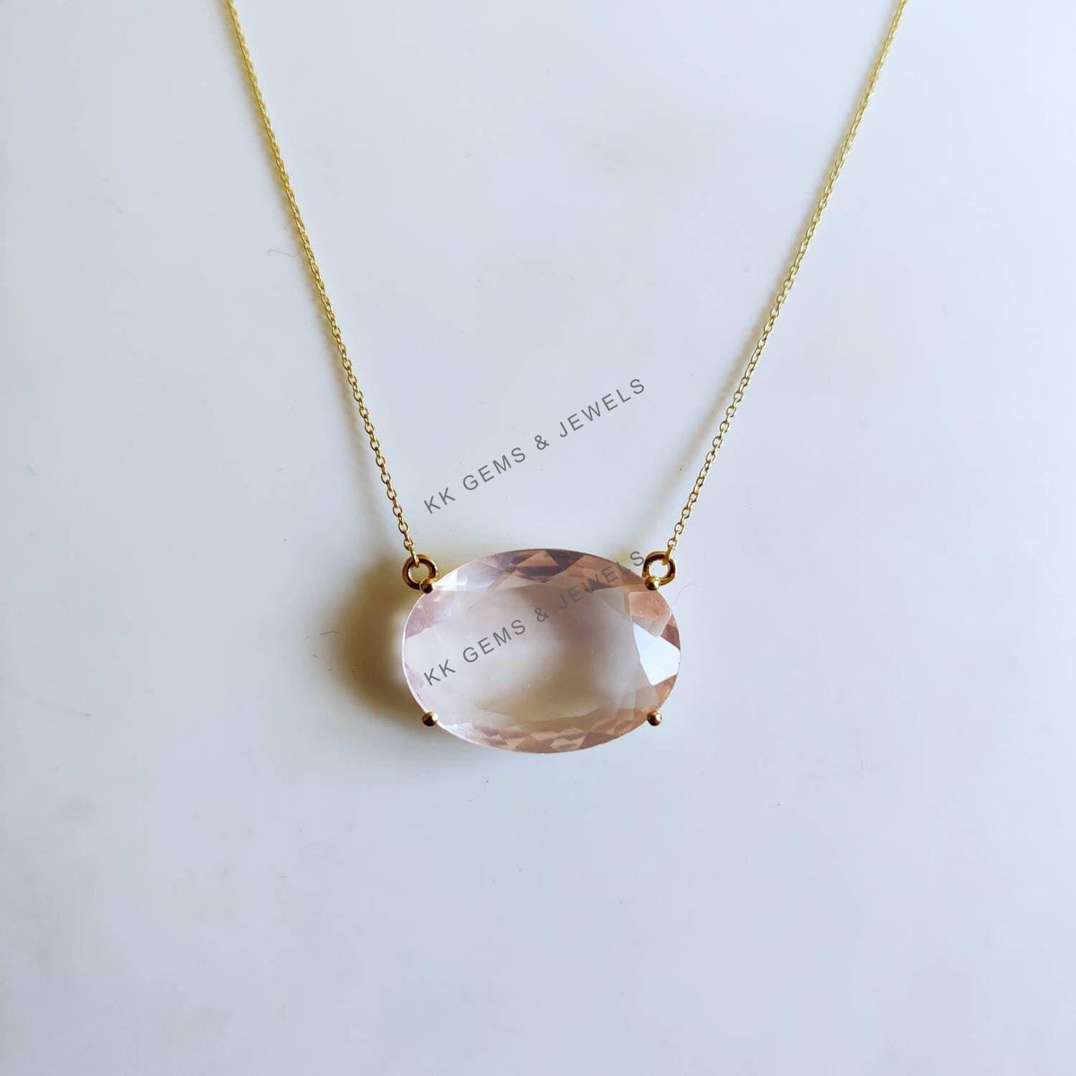 Natural Rose Quartz Necklace, 14K Solid Yellow Gold, January Birthstone