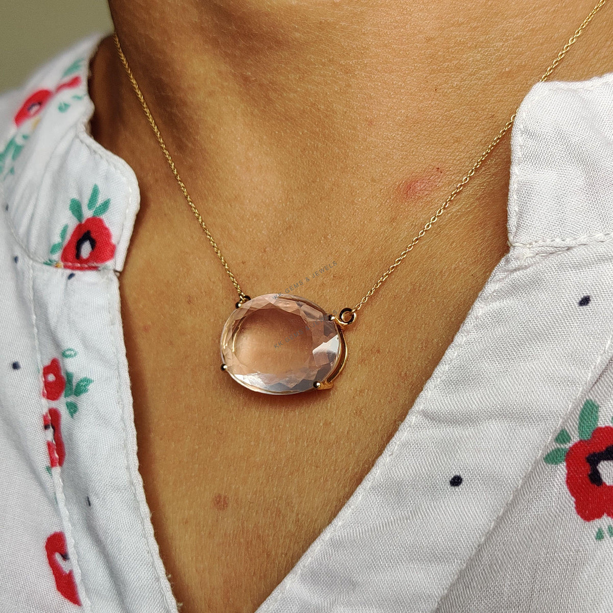 Natural Rose Quartz Necklace, 14K Solid Yellow Gold, January Birthstone
