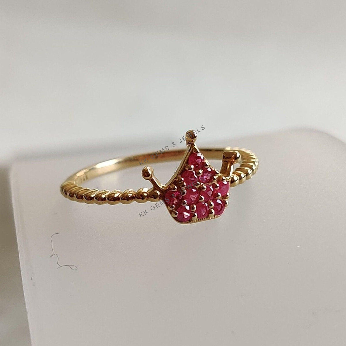 14K Solid Gold Natural Ruby Ring: July Birthstone Crown Ring