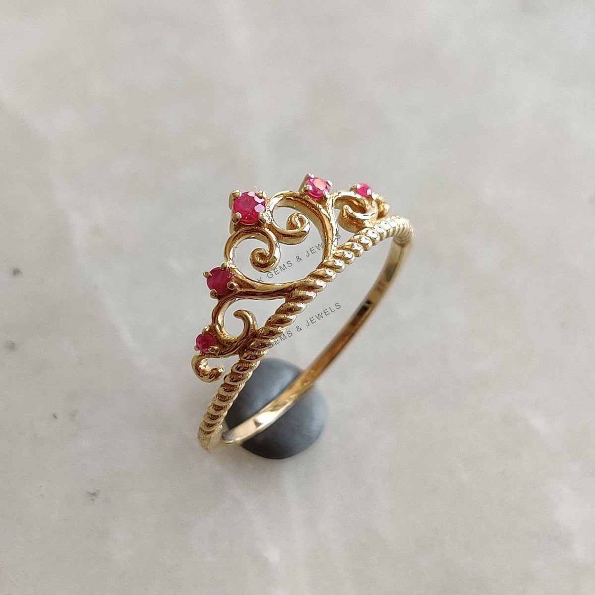 14K Solid Yellow Gold Natural Ruby Crown Ring, July Birthstone