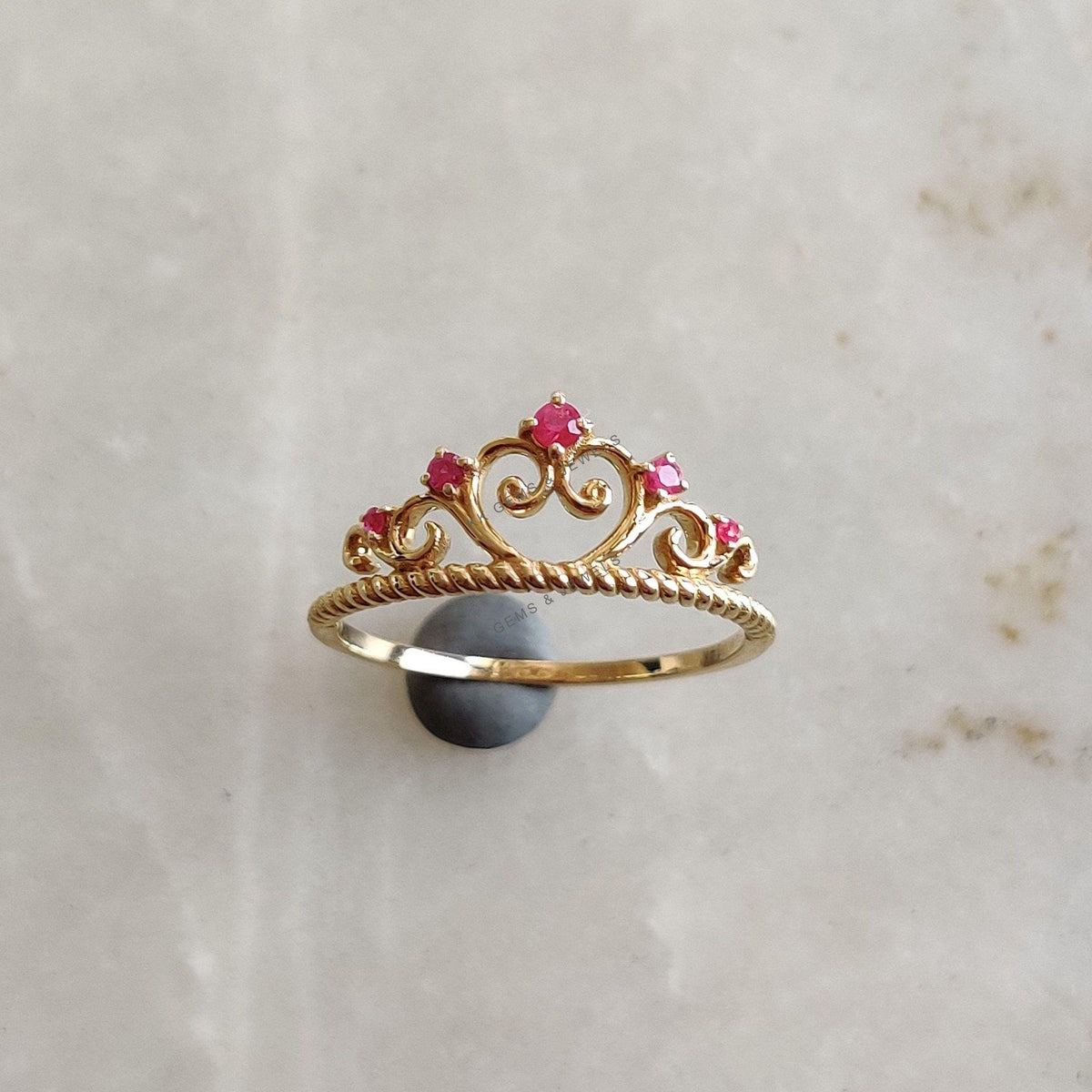 14K Solid Yellow Gold Natural Ruby Crown Ring, July Birthstone
