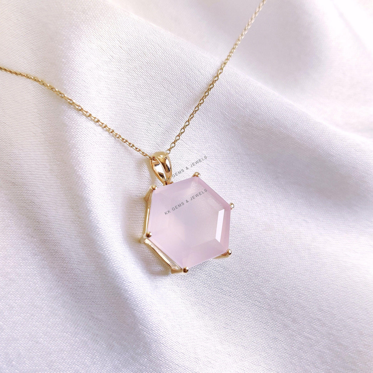 14K Solid Gold Natural Rose Quartz Pendant, Hexagon January Birthstone