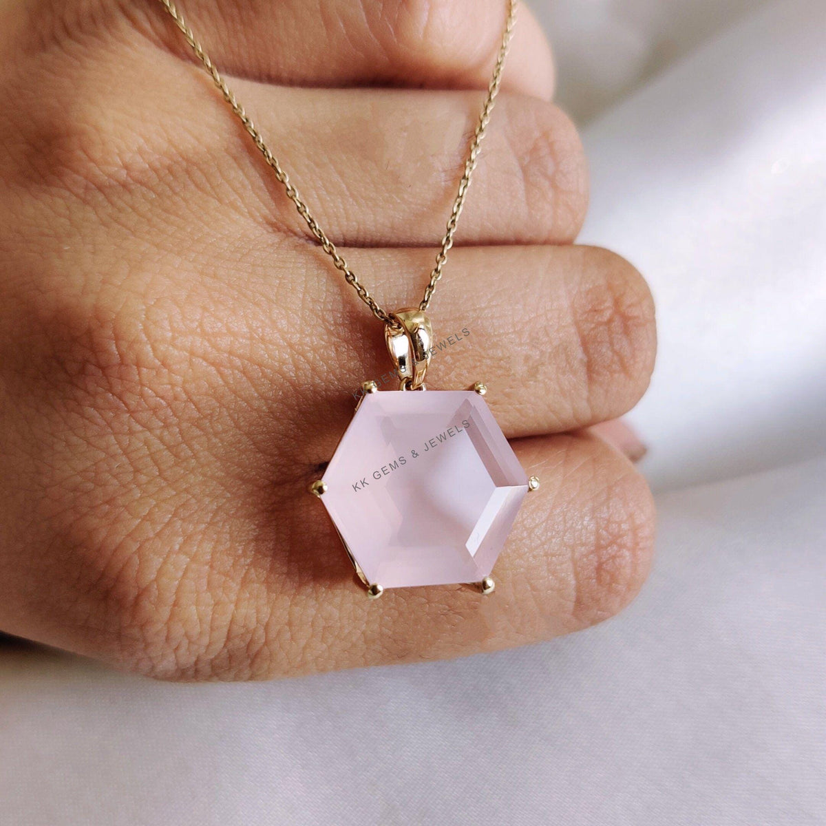 14K Solid Gold Natural Rose Quartz Pendant, Hexagon January Birthstone