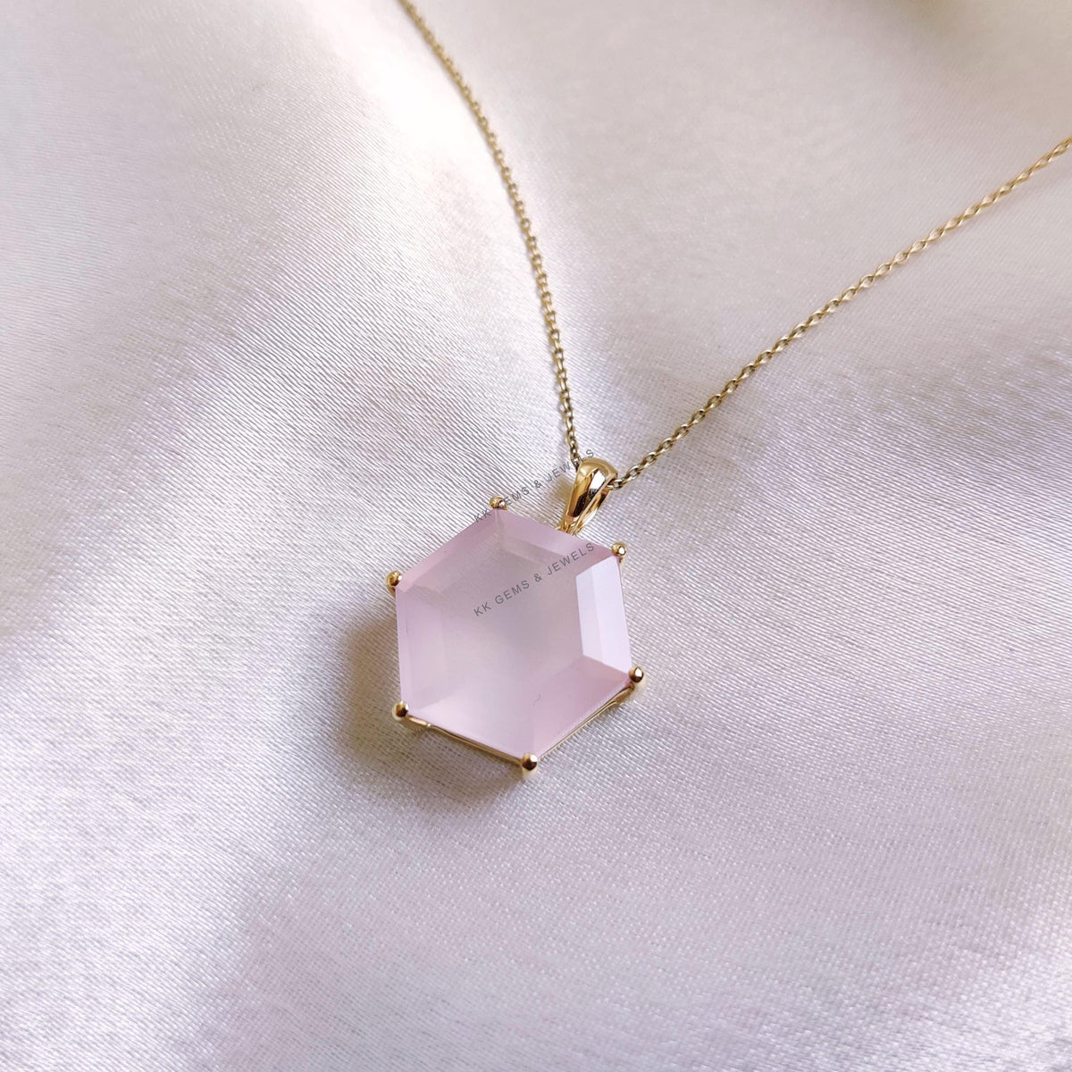 14K Solid Gold Natural Rose Quartz Pendant, Hexagon January Birthstone
