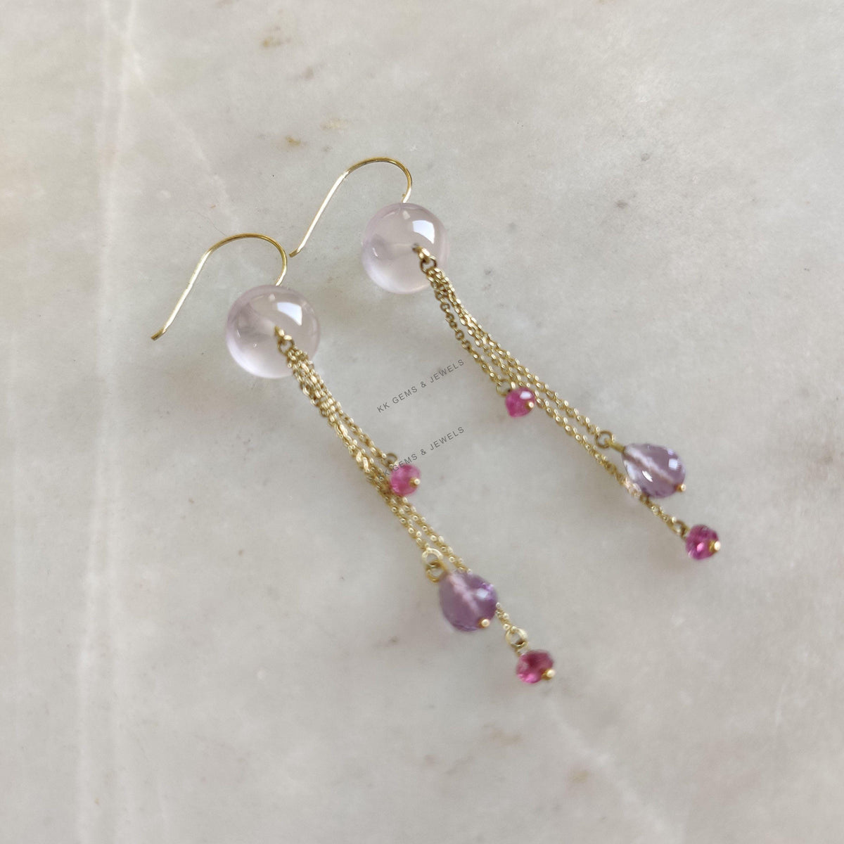 14K Solid Yellow Gold Natural Rose Quartz & Amethyst Tourmaline Earrings, Christmas Gift
