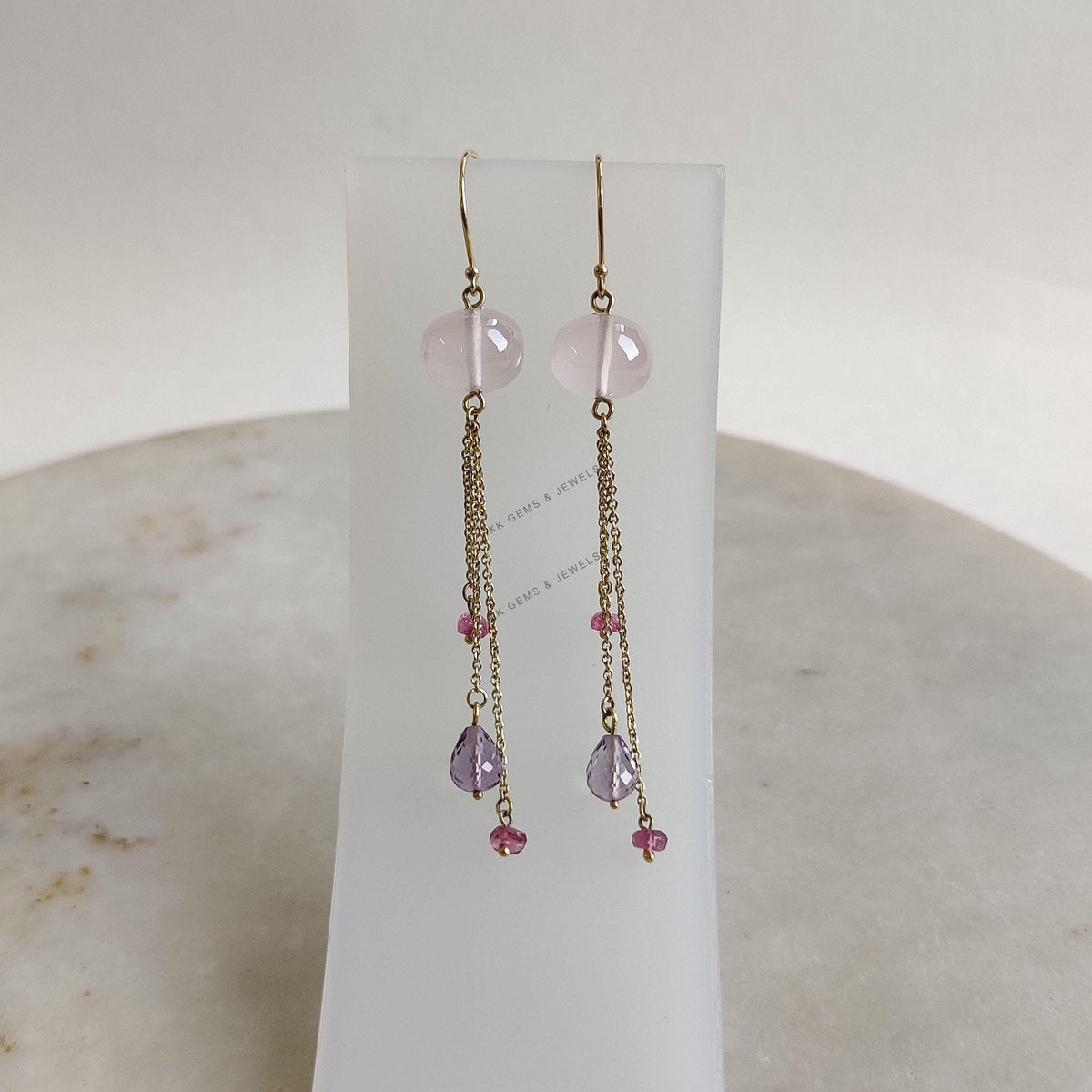 14K Solid Yellow Gold Natural Rose Quartz & Amethyst Tourmaline Earrings, Christmas Gift