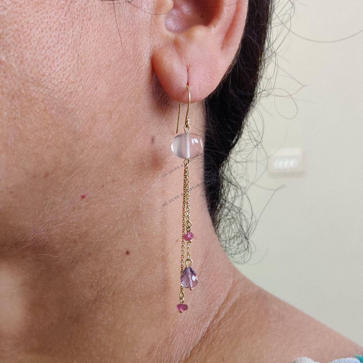 14K Solid Yellow Gold Natural Rose Quartz & Amethyst Tourmaline Earrings, Christmas Gift