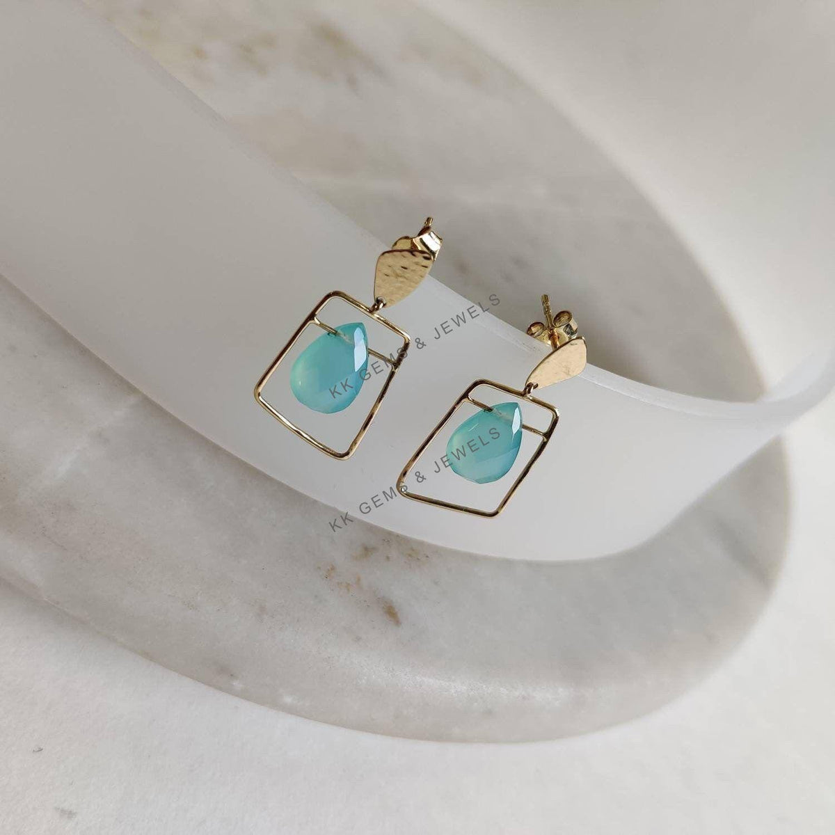14K Solid Yellow Gold Natural Blue Chalcedony Fancy Earrings, March Birthstone