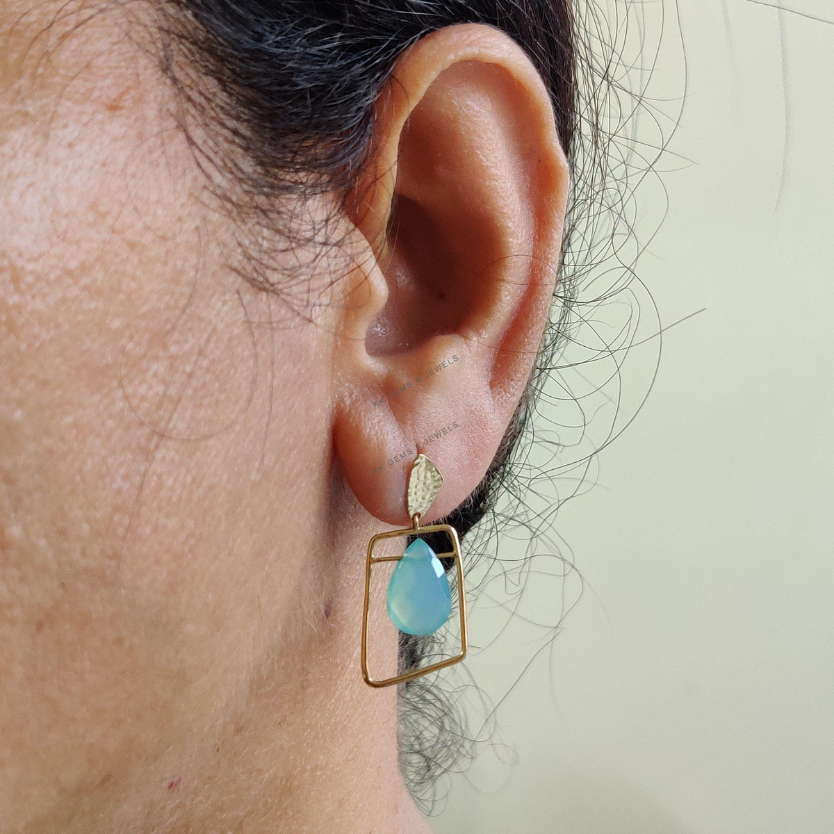 14K Solid Yellow Gold Natural Blue Chalcedony Fancy Earrings, March Birthstone