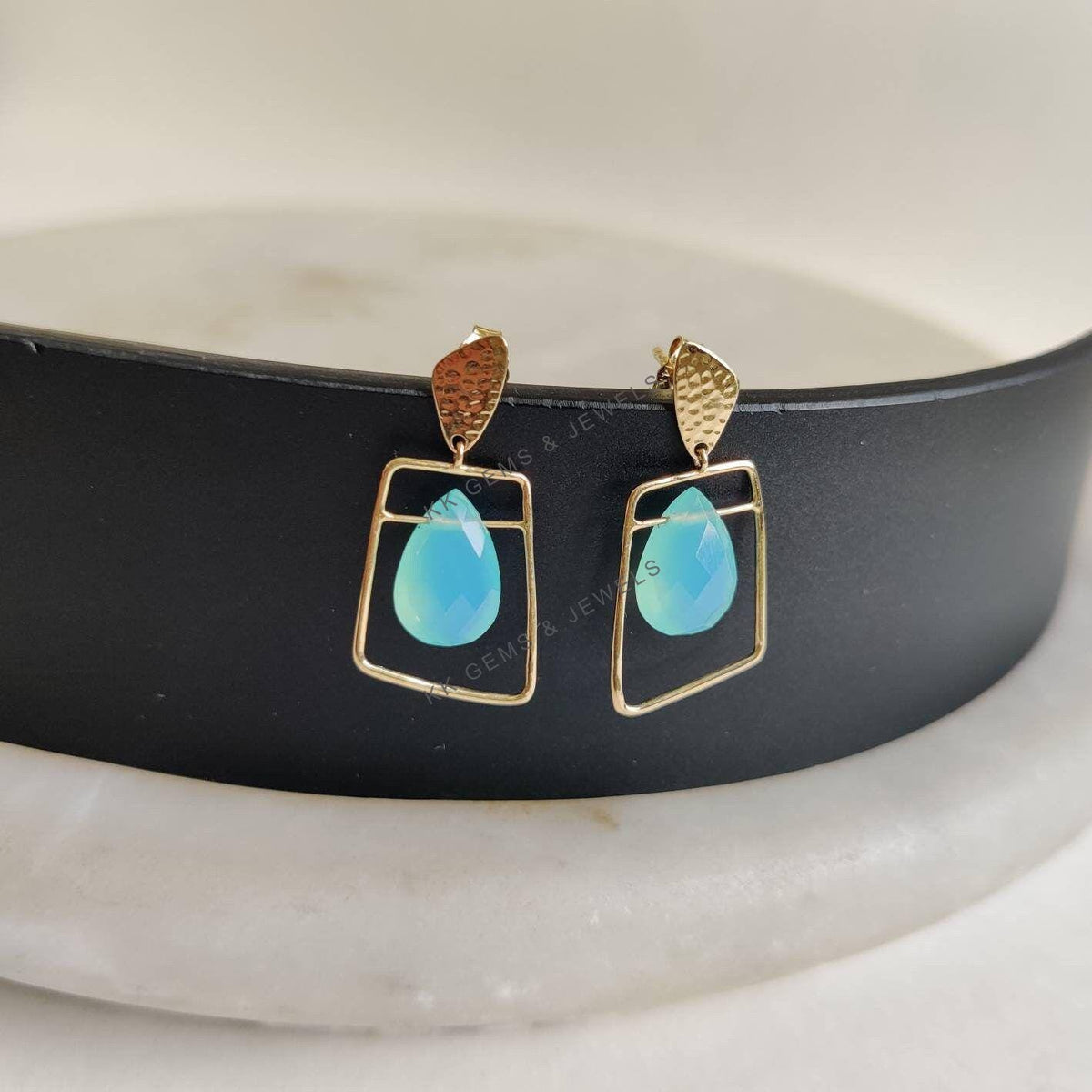 14K Solid Yellow Gold Natural Blue Chalcedony Fancy Earrings, March Birthstone