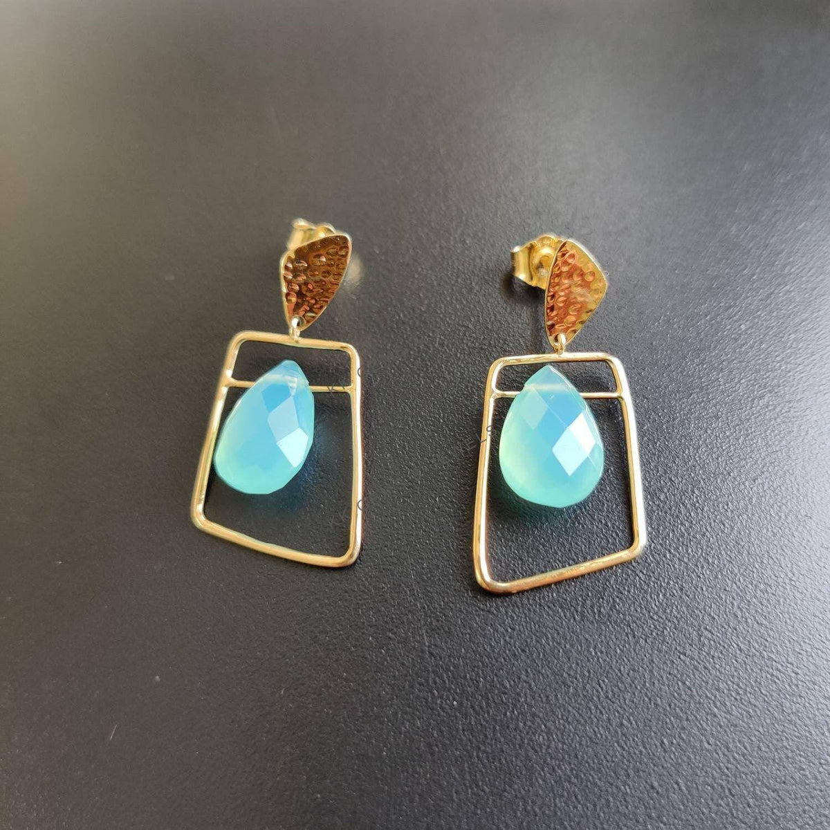 14K Solid Yellow Gold Natural Blue Chalcedony Fancy Earrings, March Birthstone