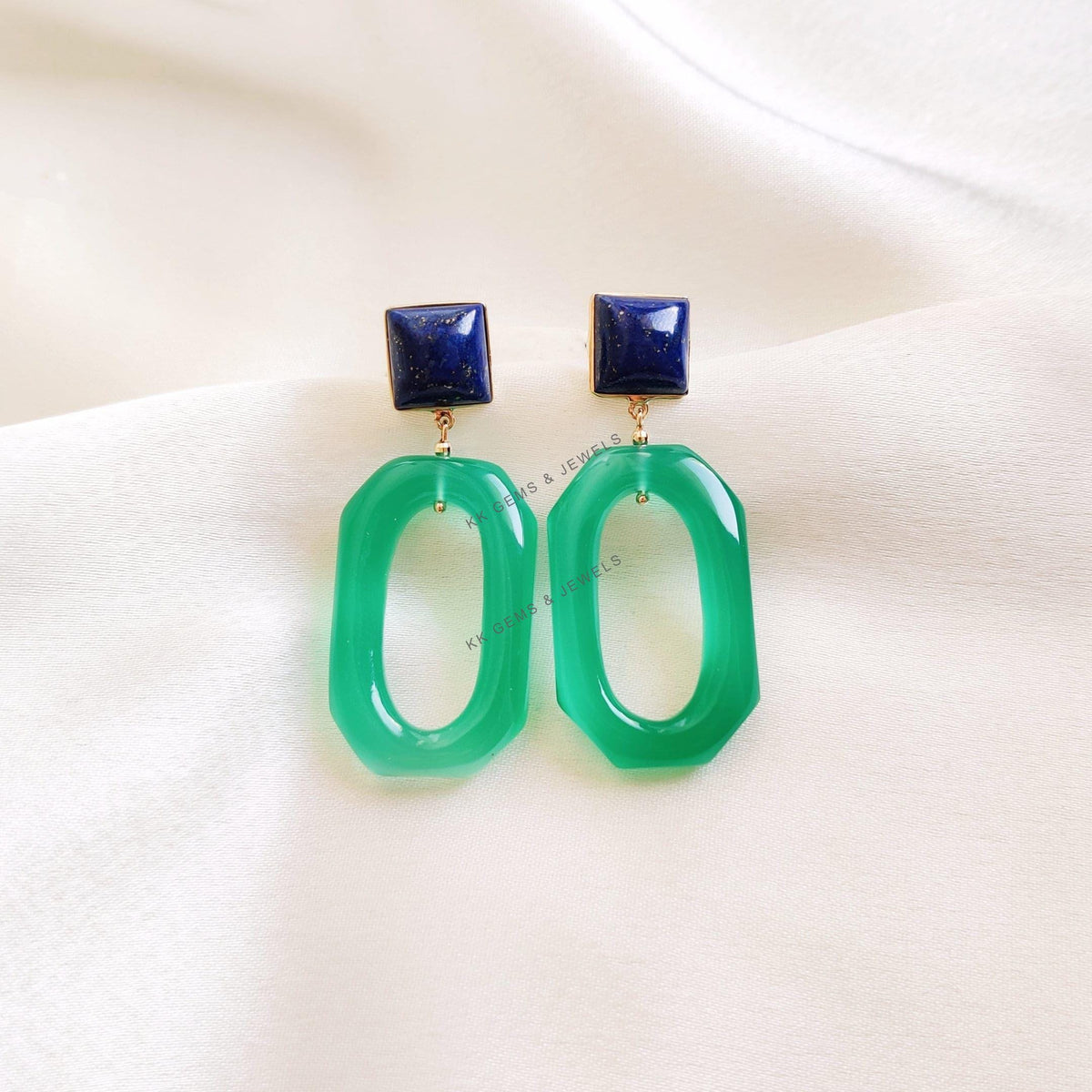 14K Solid Gold Natural Lapis Lazuli & Green Onyx Gemstone Earrings, Christmas Present